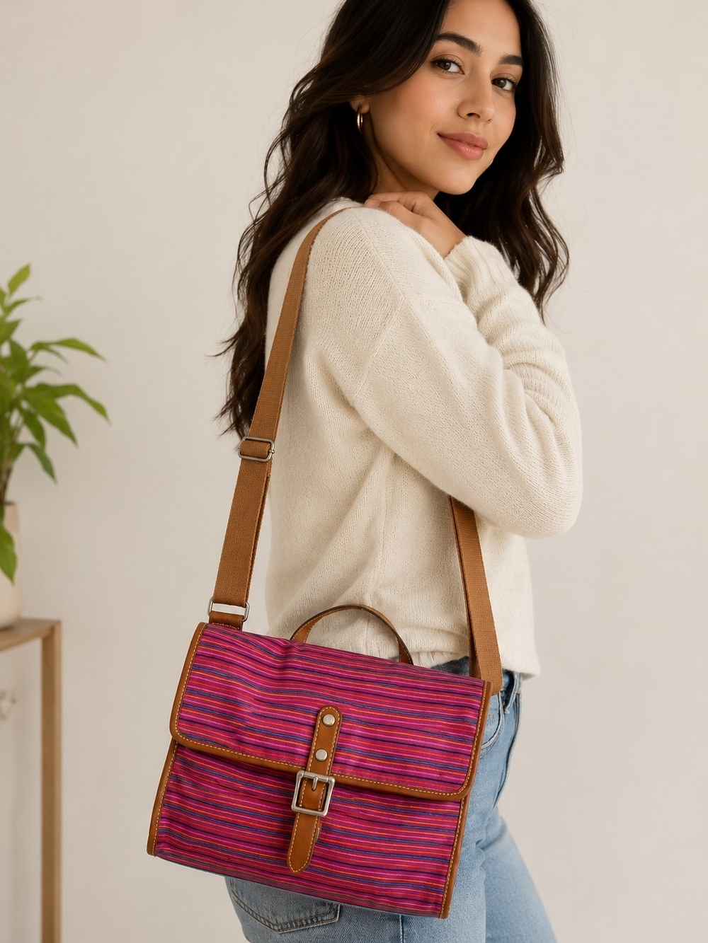 Fossil Pink Multi-Stripe Satchel with Tan Strap